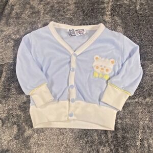 Vintage 80s Doe Spun Bear Balloon Applique Blue Snap‎ Cardigan Sweater 3-6 mo